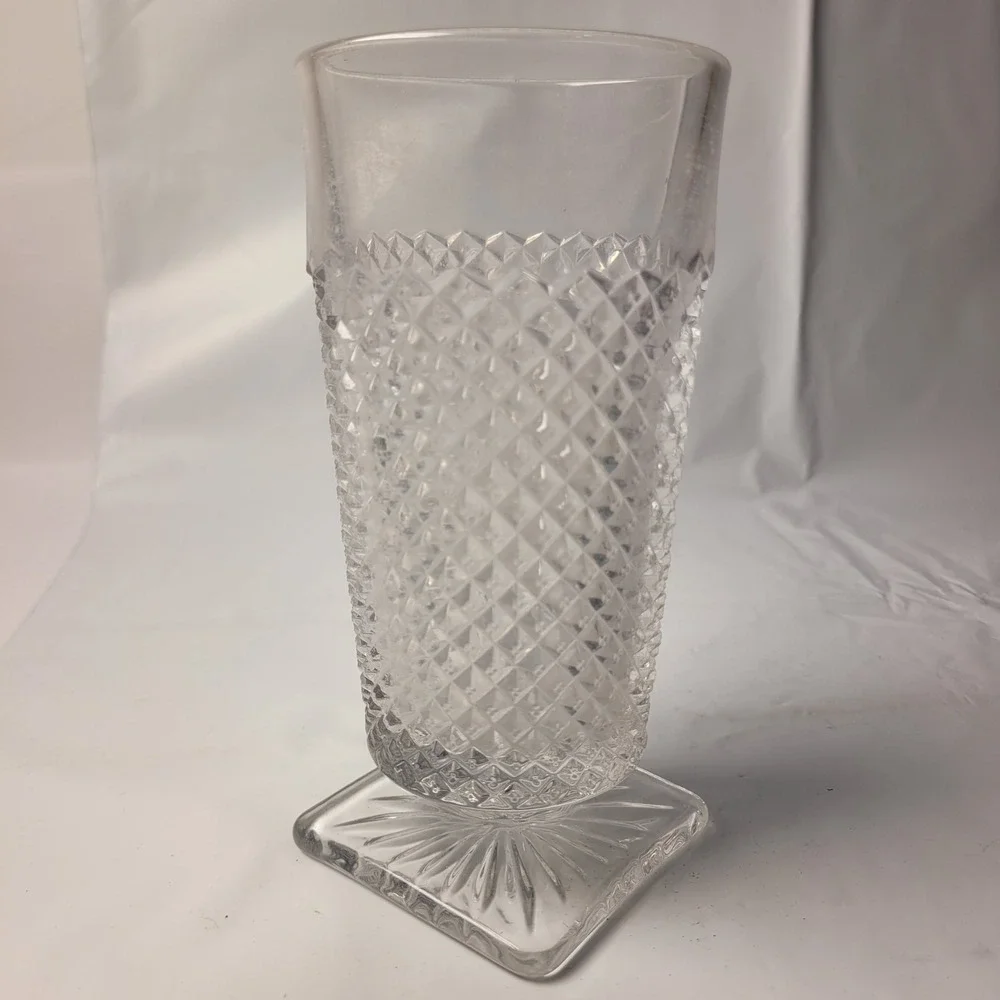 Vintage Imperial Glass Diamond Point‎ Clear Footed Tumbler Square Base 12oz